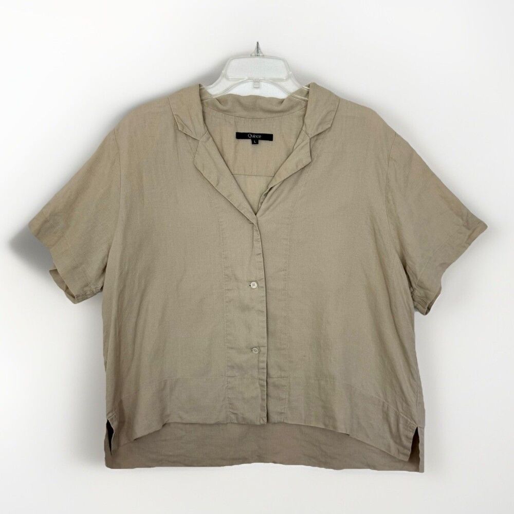 Quince Beige Short-Sleeve Button Front Blouse